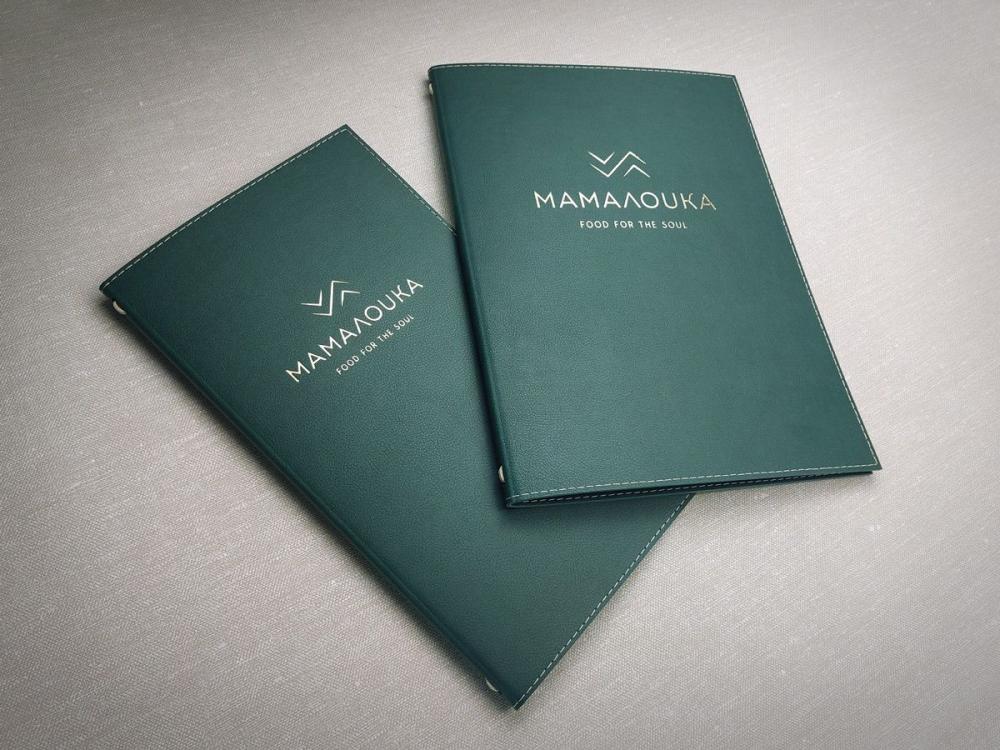 Κατάλογος μενού από πράσινη δερματίνη με ραφή περιμετρικά